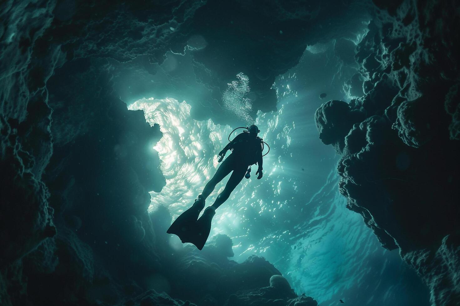 A Person in a Scuba Suit Swimming Through a Cave Background photo