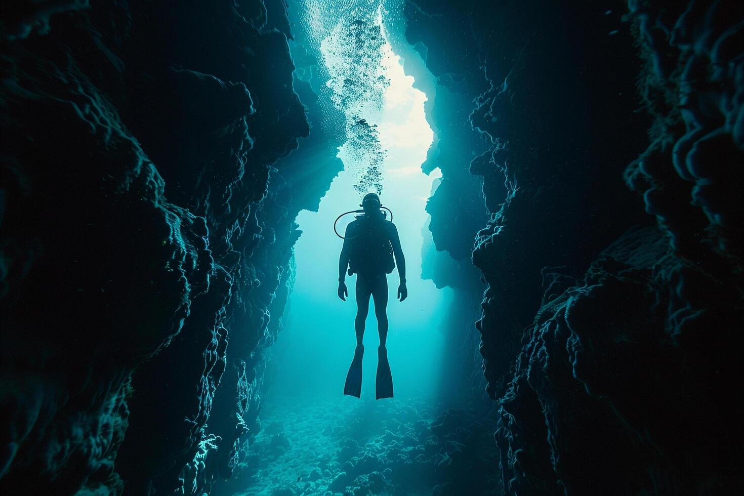 A Person in a Scuba Suit Swimming Through a Cave Background photo