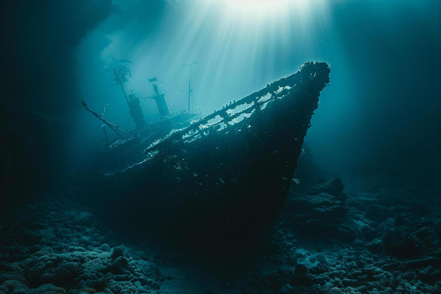 A Sunken Ship in the Ocean with Sunlight Coming Through the Water Background photo