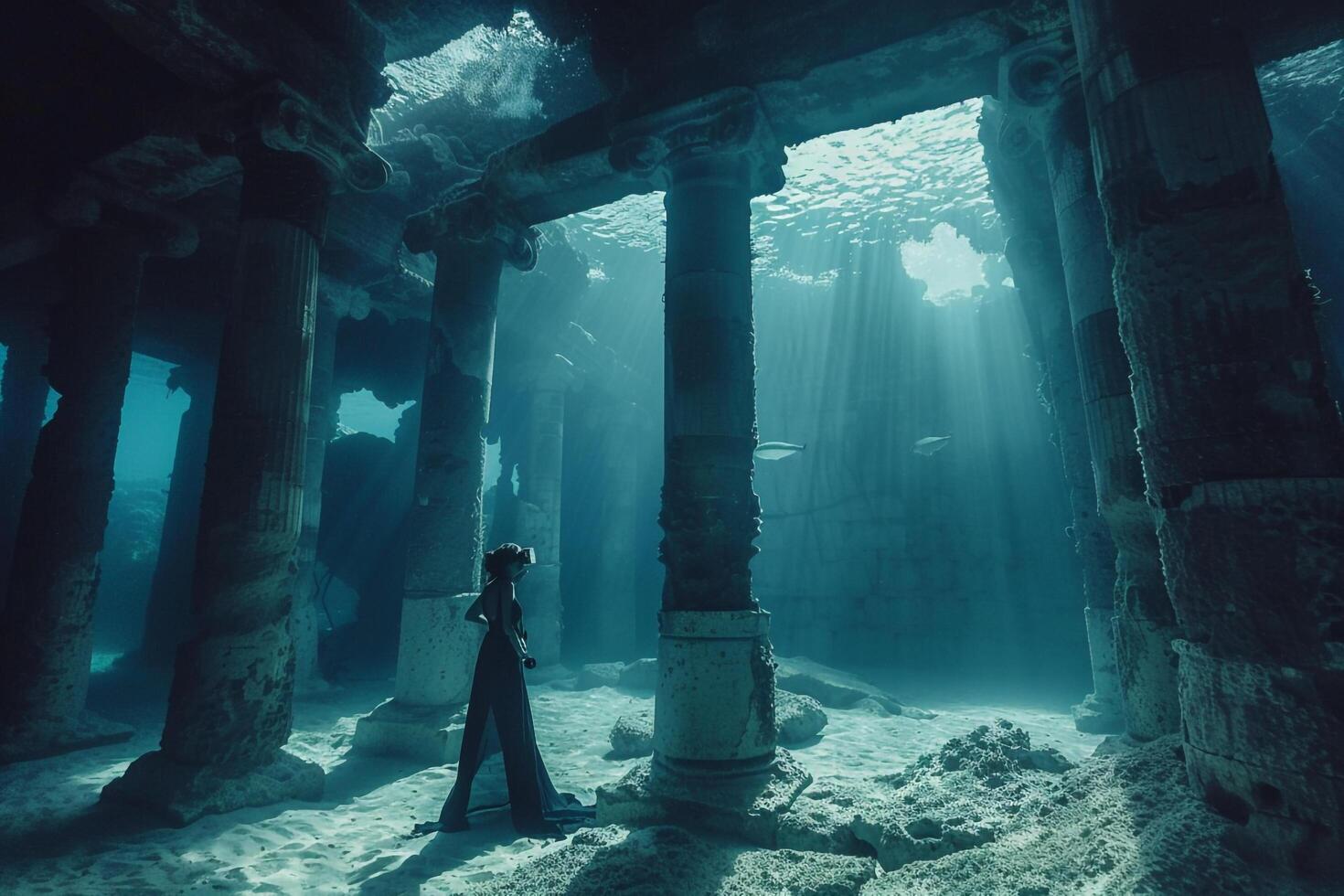 A Woman Standing in the Water Looking at Columns Background photo