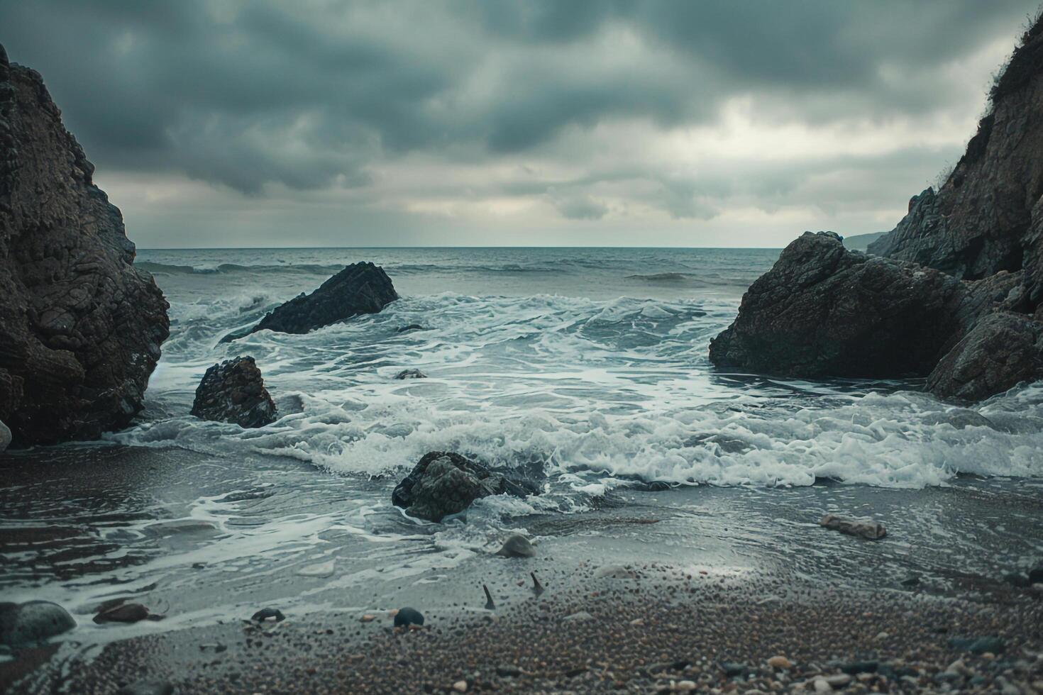 A Rocky Beach with Waves Crashing Against the Shore Background photo