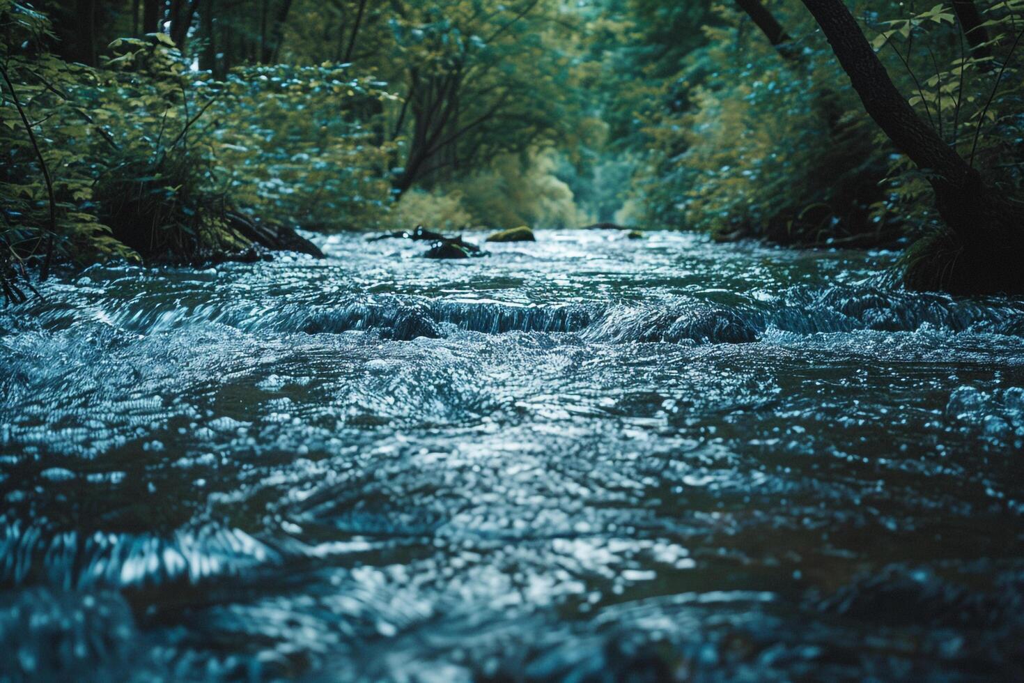 A River Running Through a Forest with Trees in the Background photo