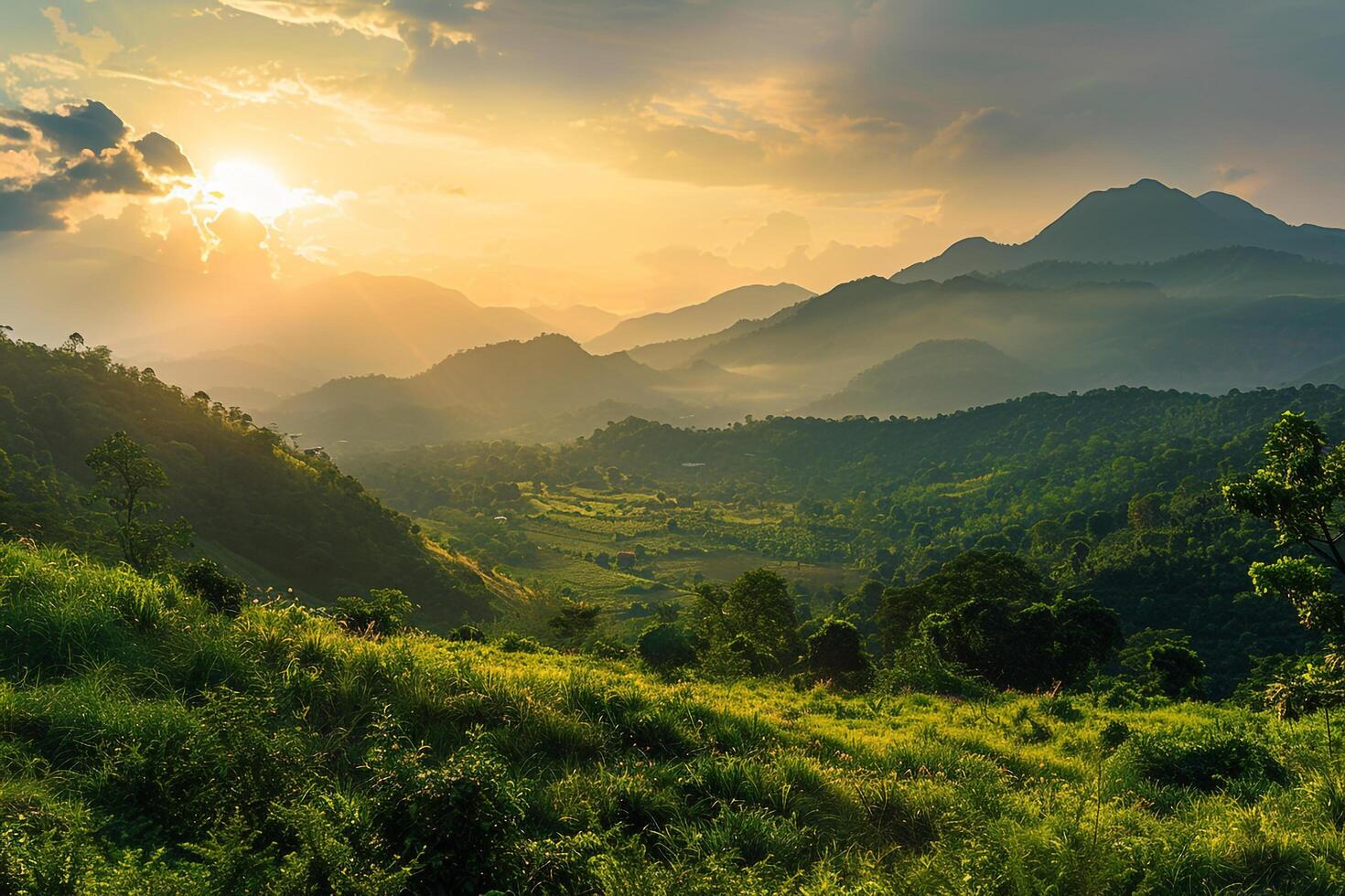A View of a Mountain Range with a Sunset Background photo