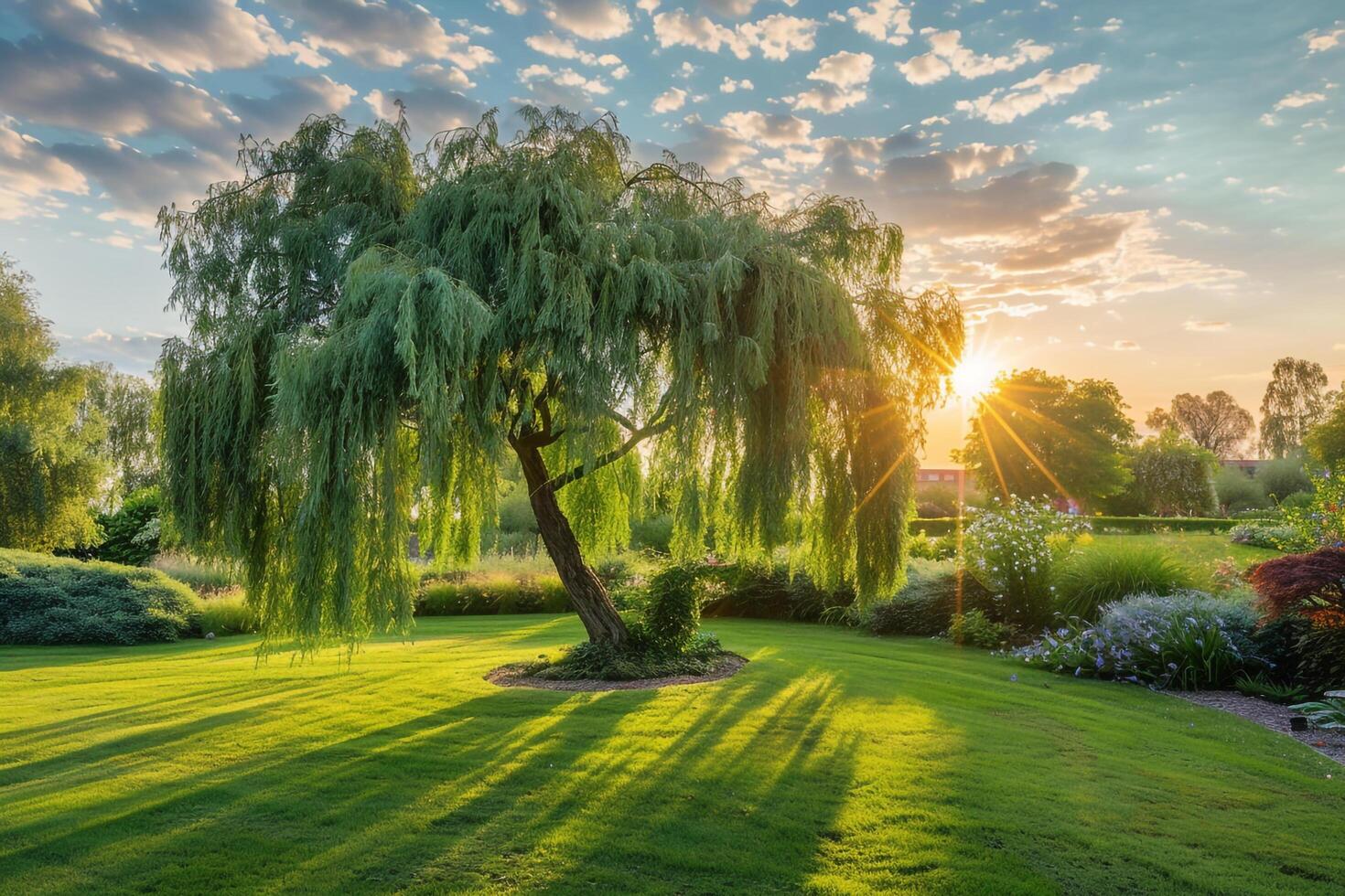 A Beautiful Garden with a Willow Tree at Sunset Background photo