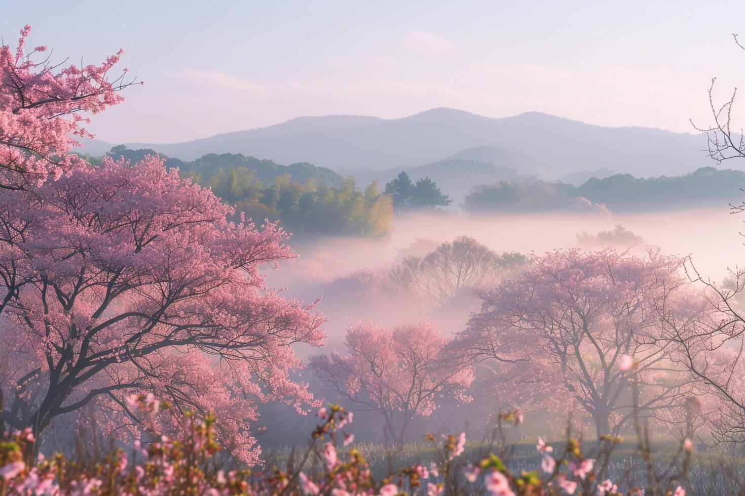 beautiful cherry blossoms in the mist background photo
