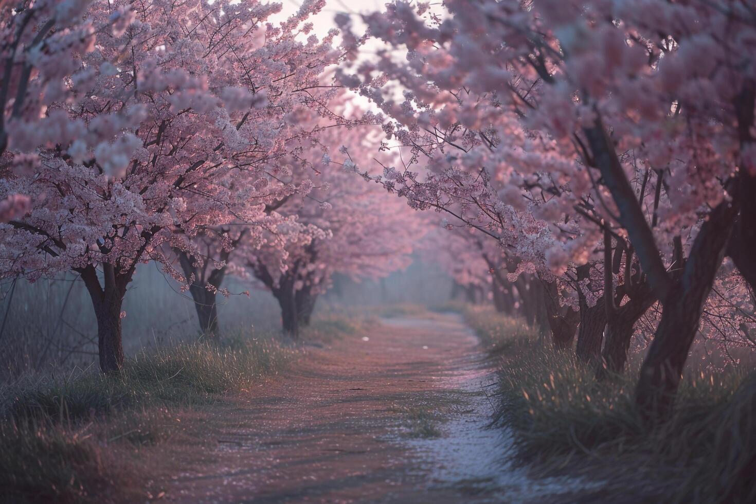 a path lined with pink trees in the morning background photo