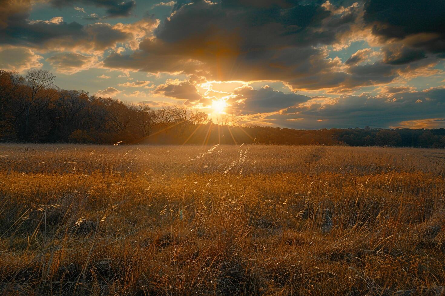 a field with tall grass and a sunset background photo