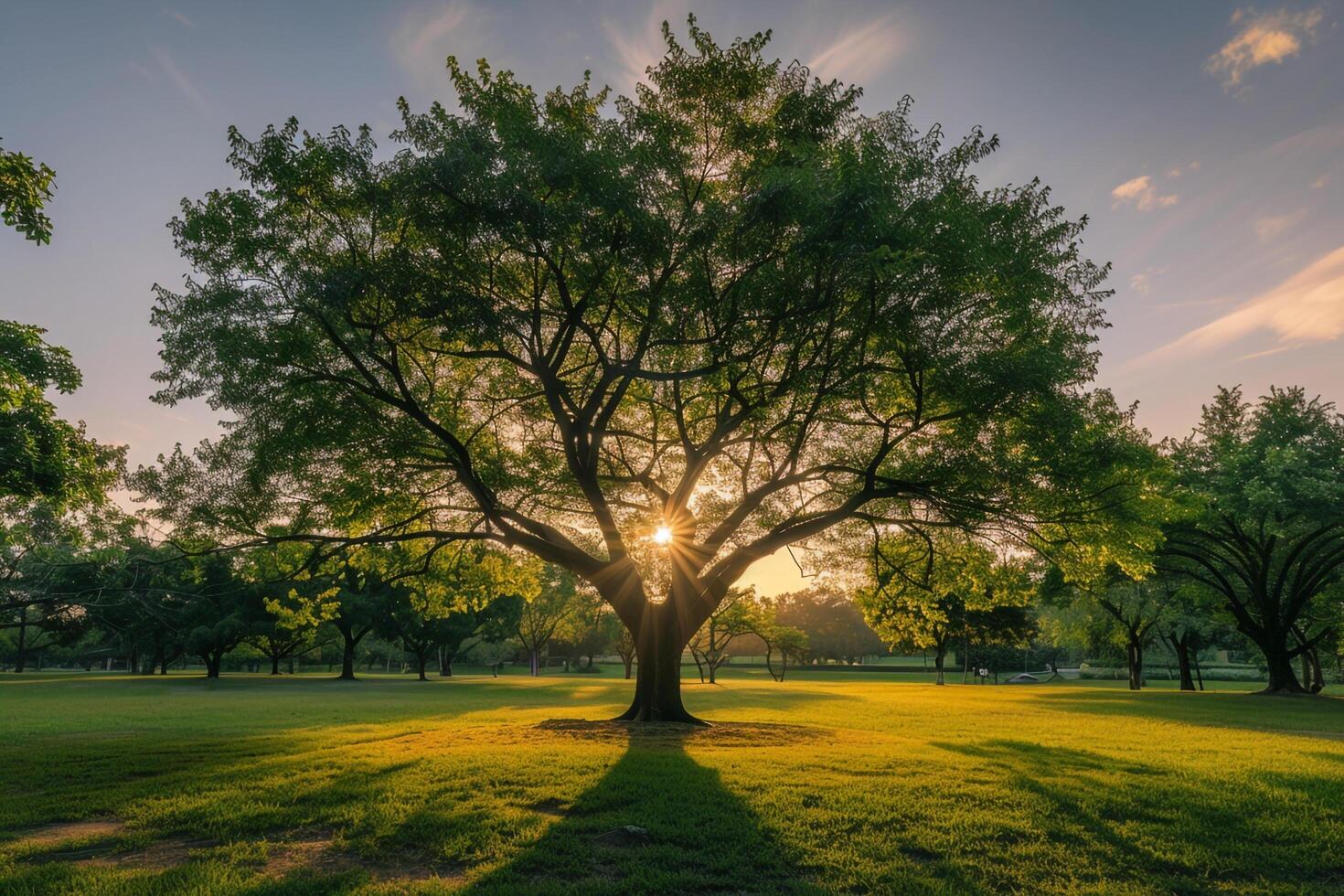 a large tree in a park at sunset background photo