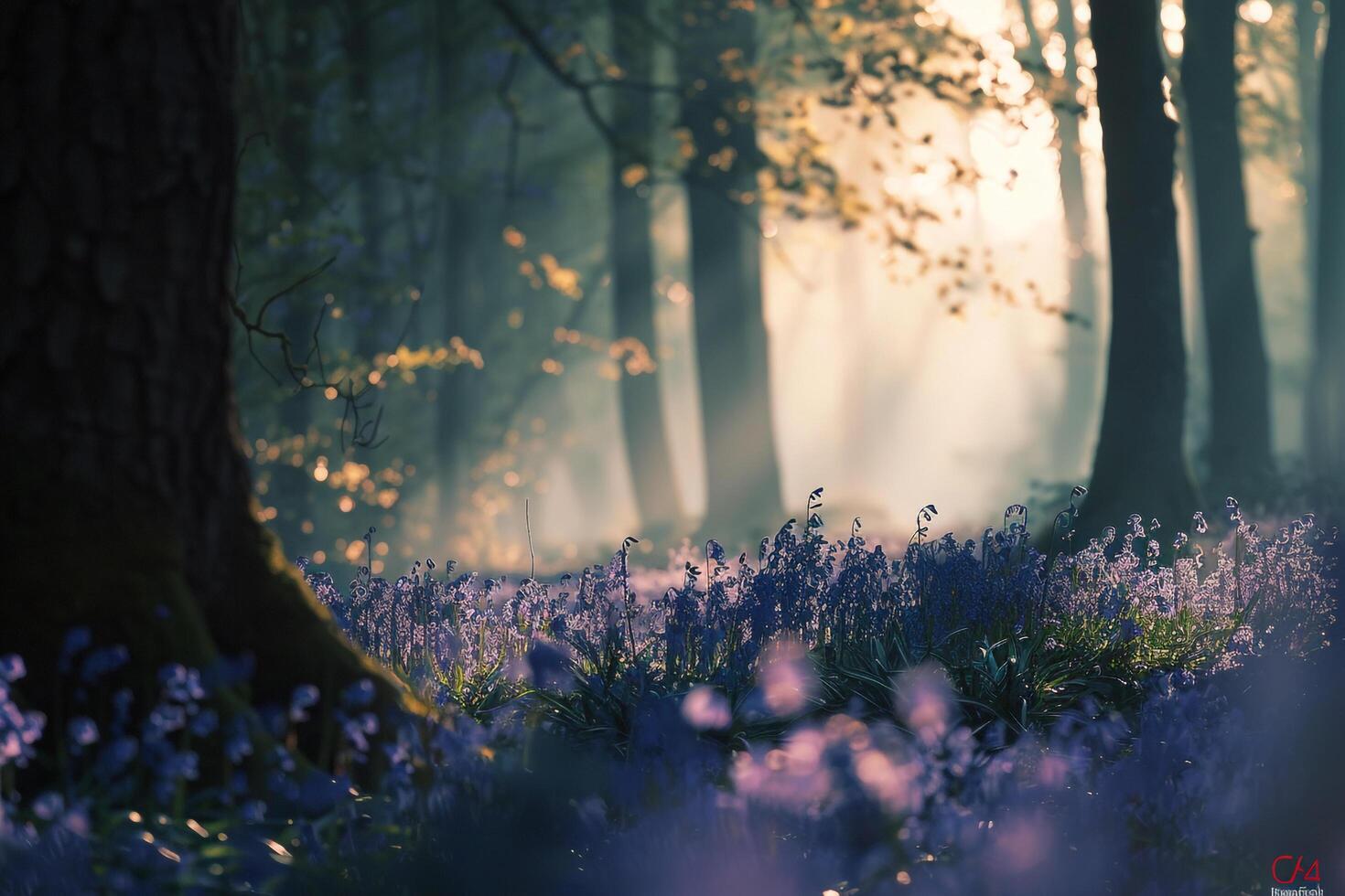 bluebells in the forest at sunrise background photo