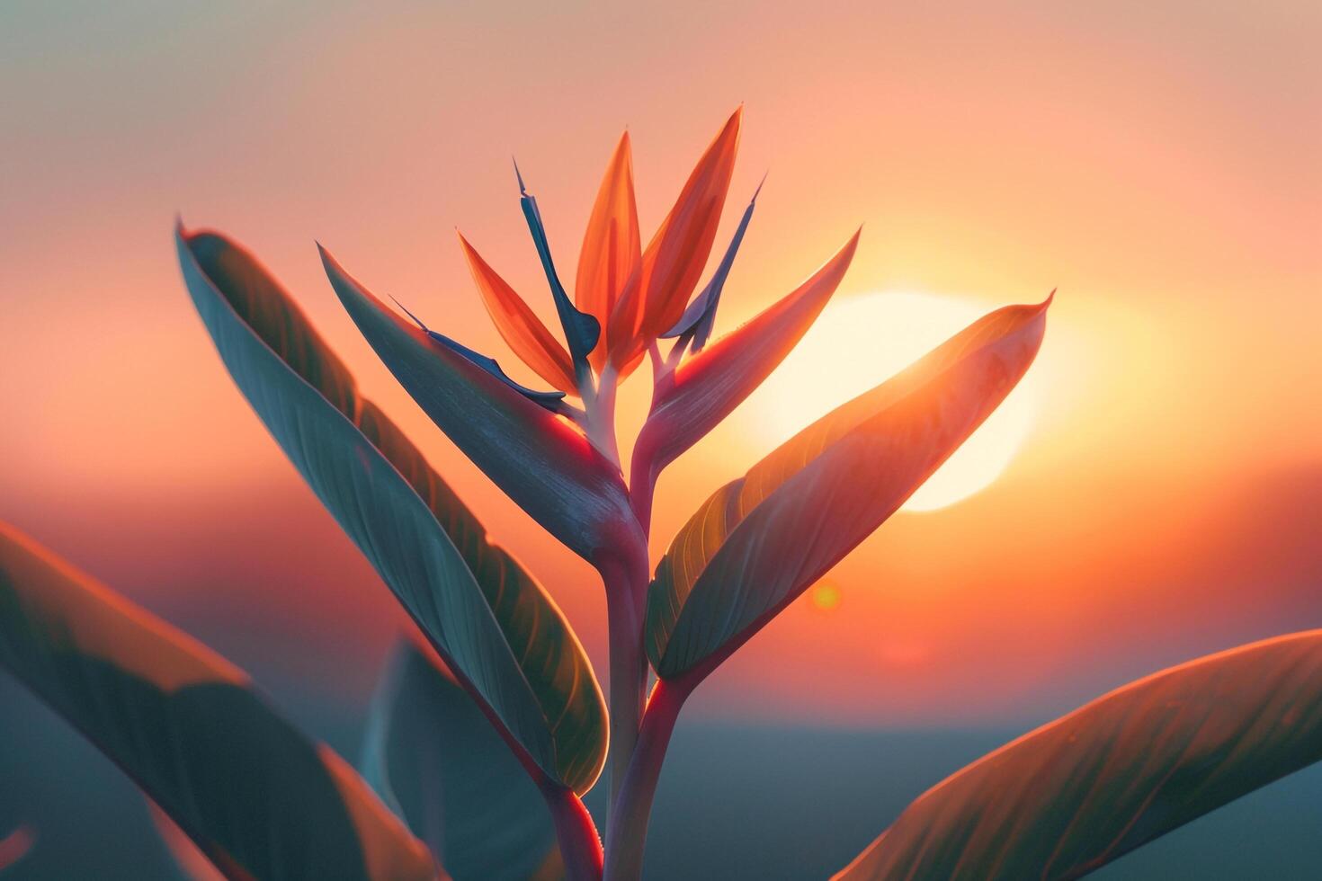 a bird of paradise flower is shown in front of the sun background photo