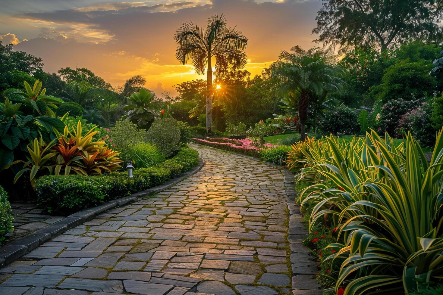 a stone pathway leads to a garden with palm trees background photo