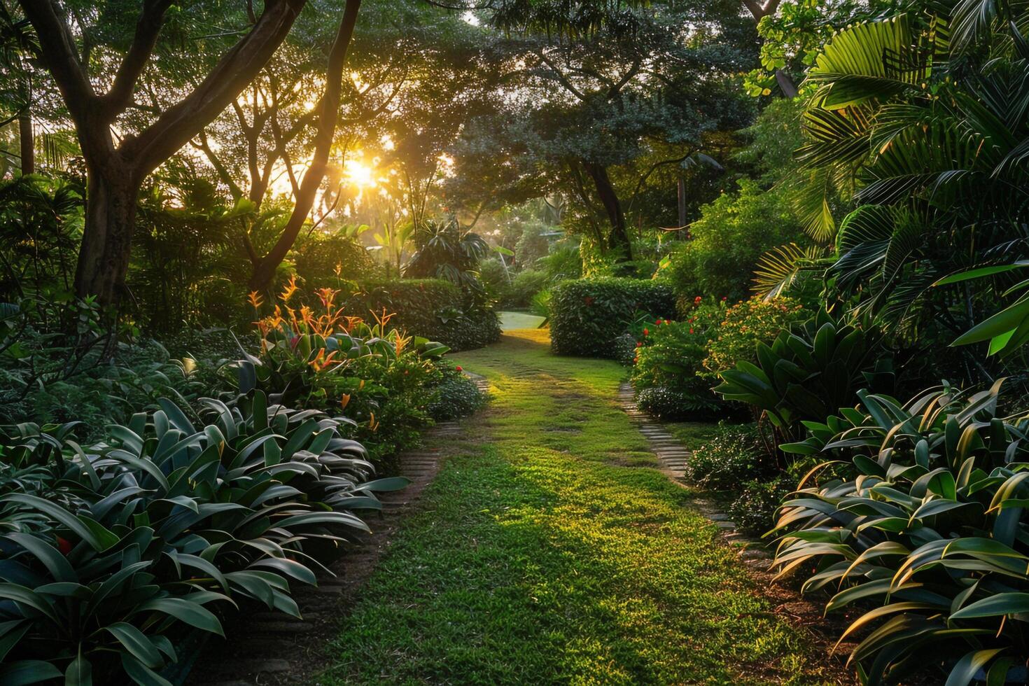 a pathway through a lush green garden with trees and plants background photo