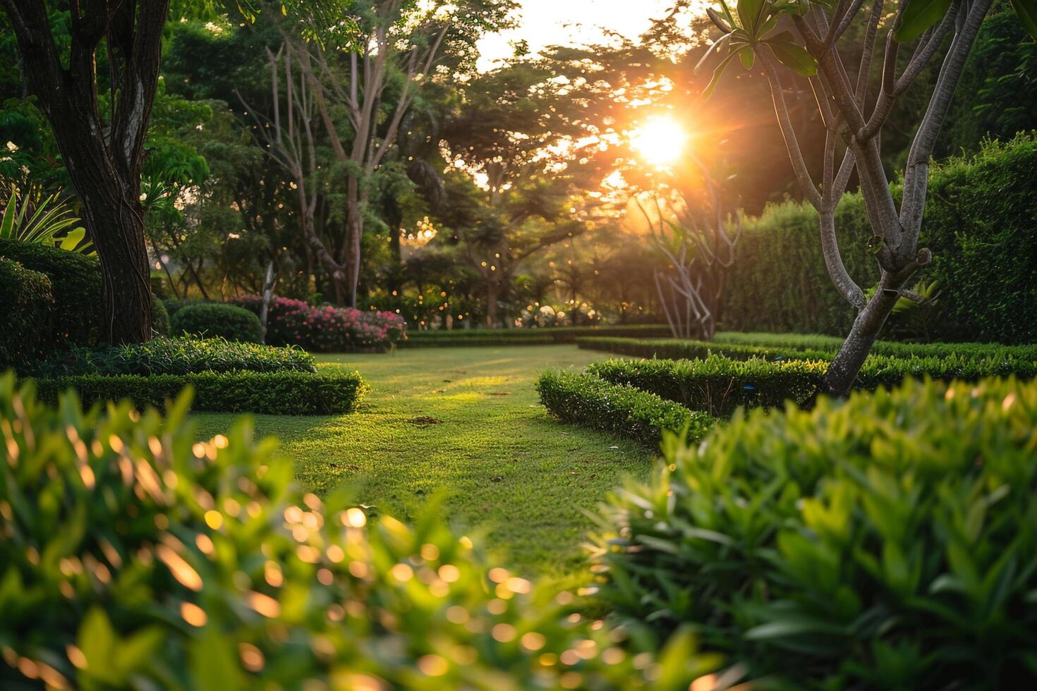 a garden with trees and bushes at sunset background photo