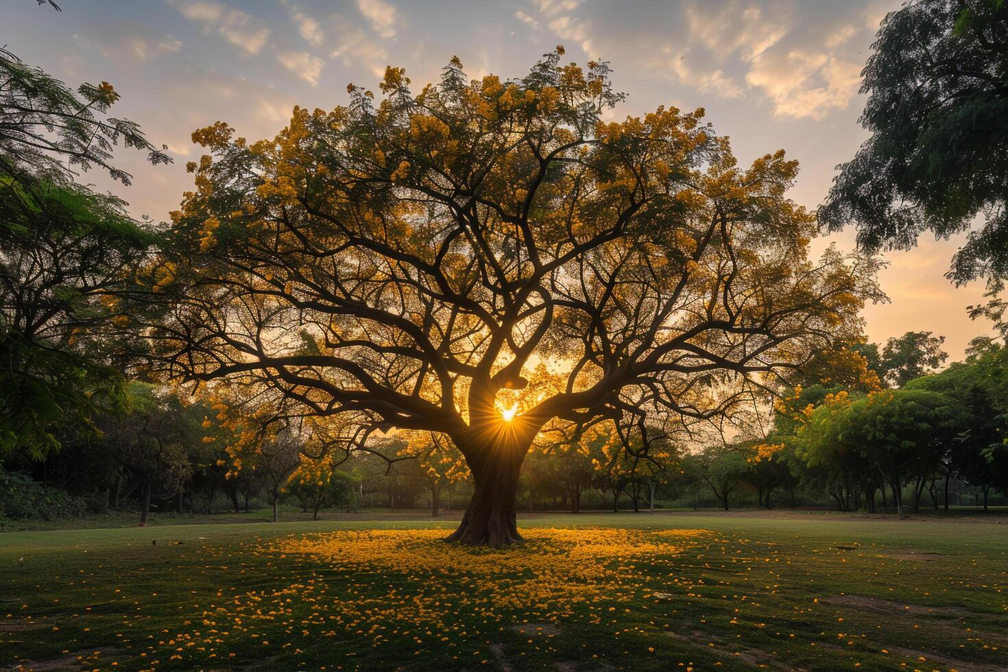 a large tree in a field background photo