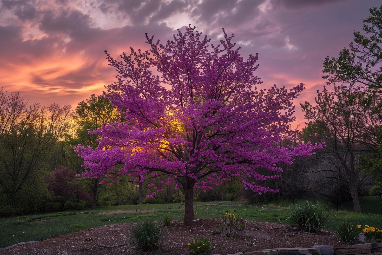 a redbud tree in bloom at sunset background photo