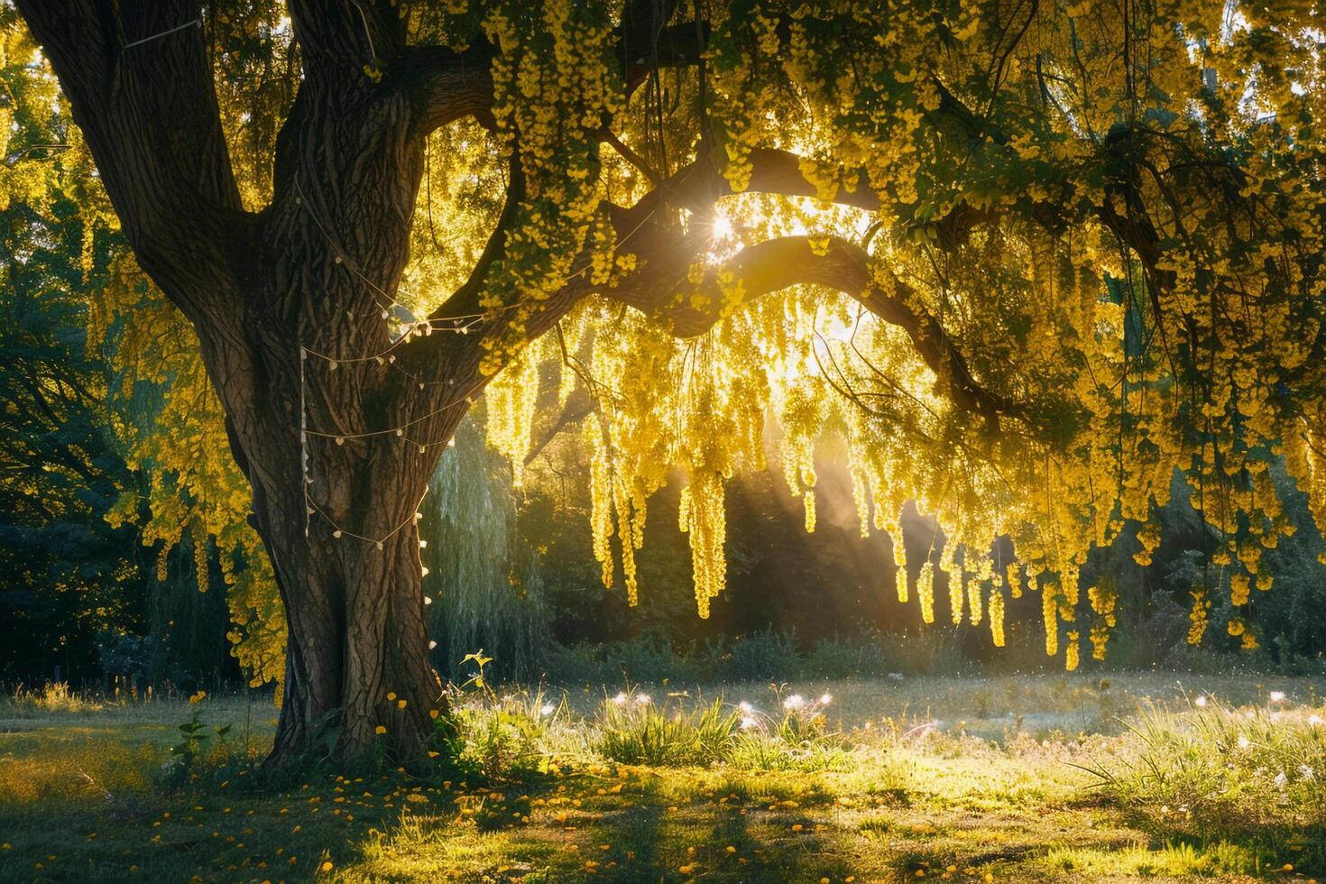 a tree with yellow flowers background photo
