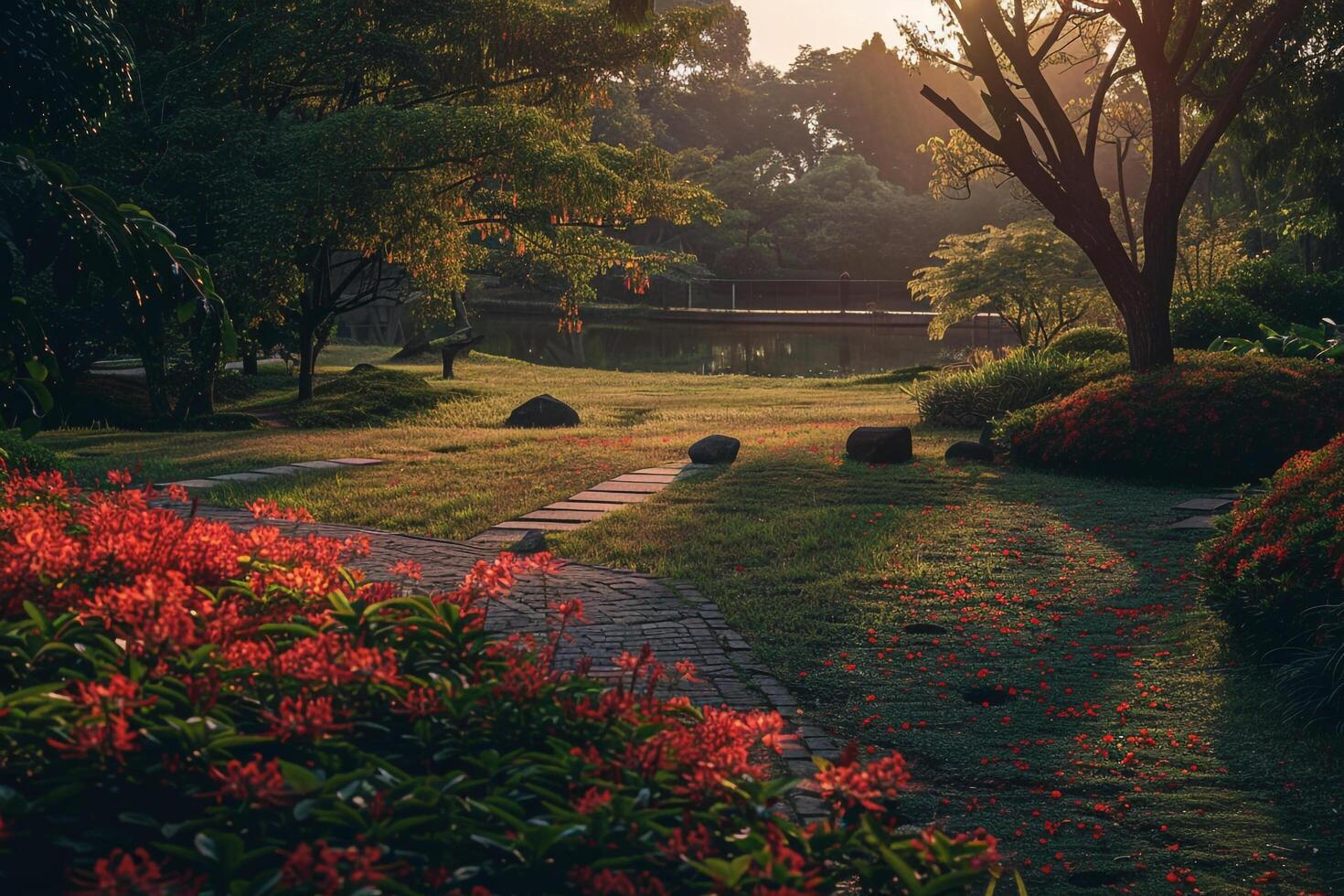 a path in a park with red flowers background photo