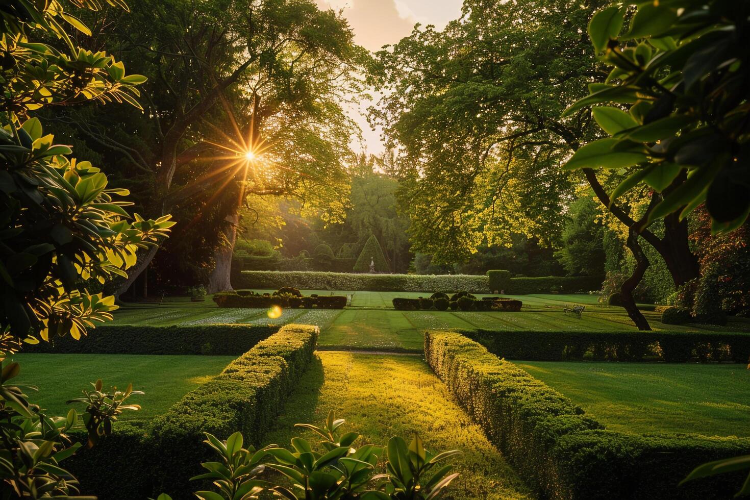 a garden with trees and grass background photo