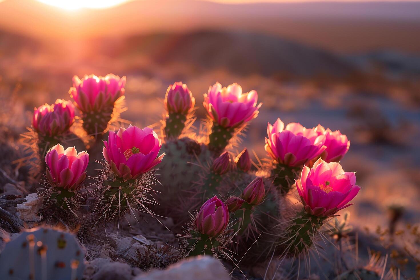 pink flowers bloom in the desert at sunset background photo