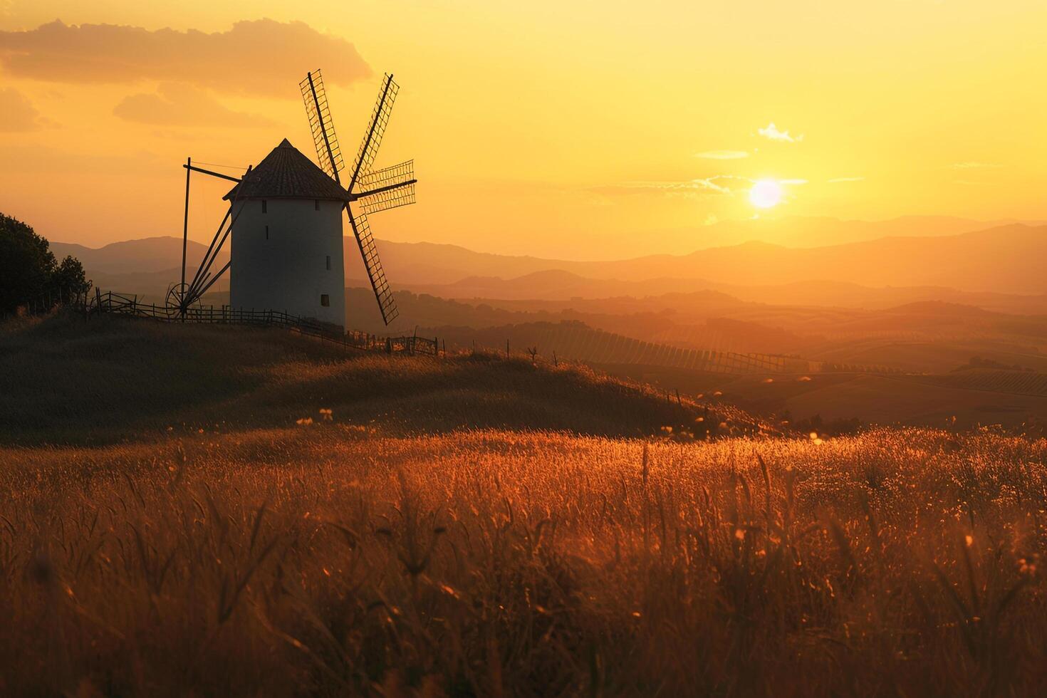 a windmill in a field at sunset background photo