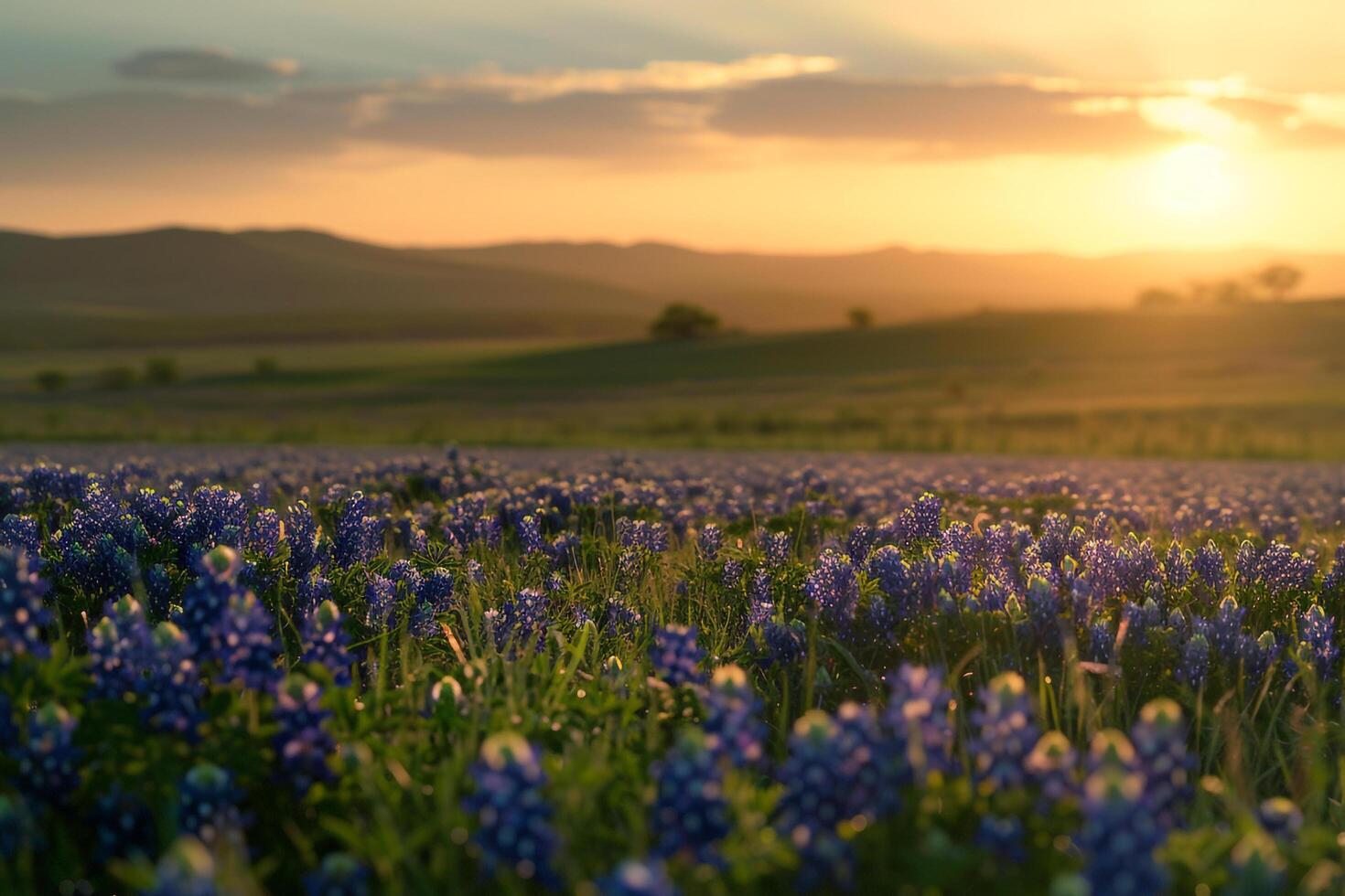 Bluebonnets at sunset with background photo