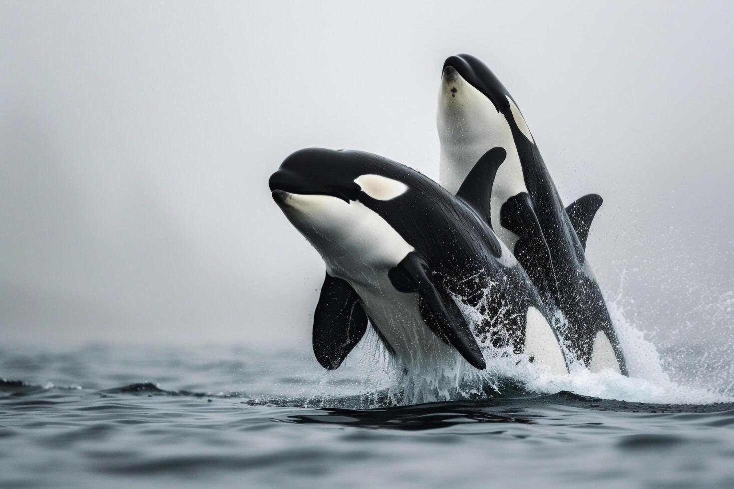 Two killer whales jumping out of the water with background photo
