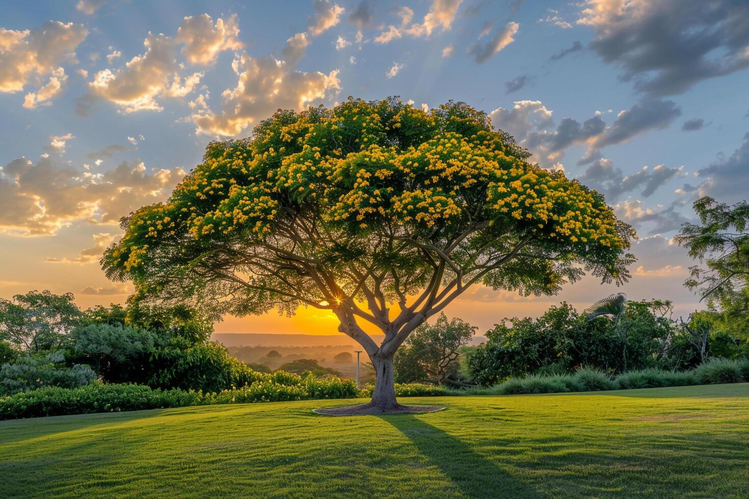 A tree with yellow flowers on the grass with background photo