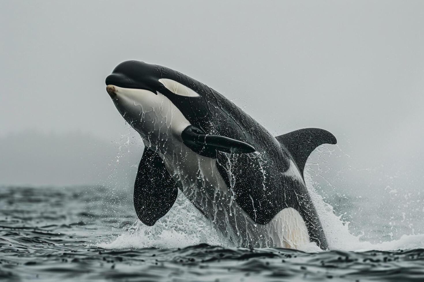 An orca whale jumping out of the water with background photo