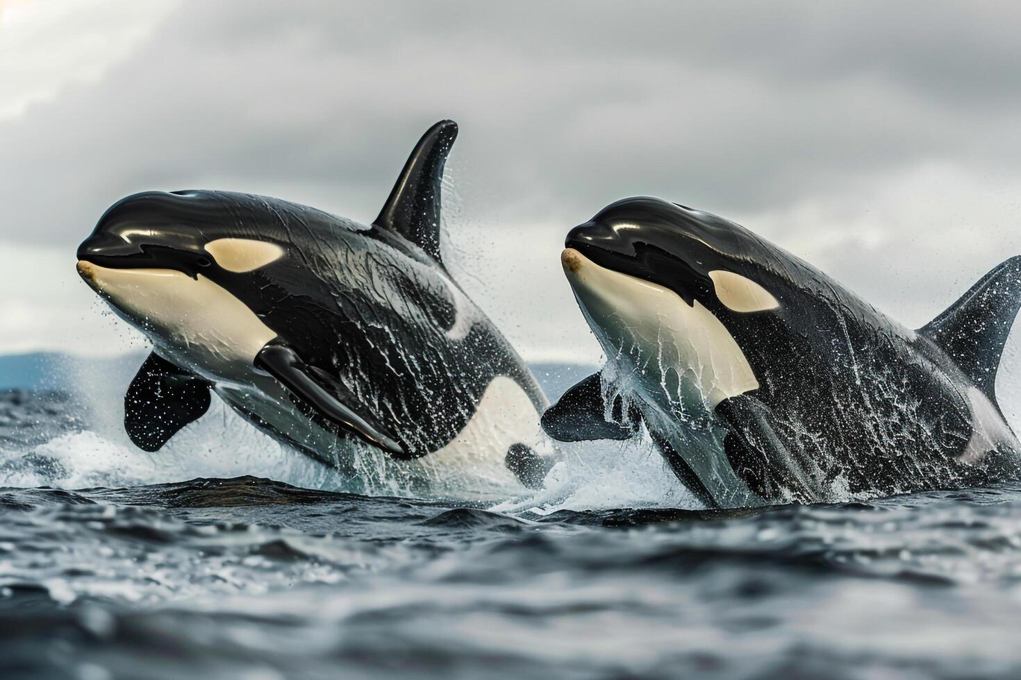 Two killer whales jumping out of the water with background photo