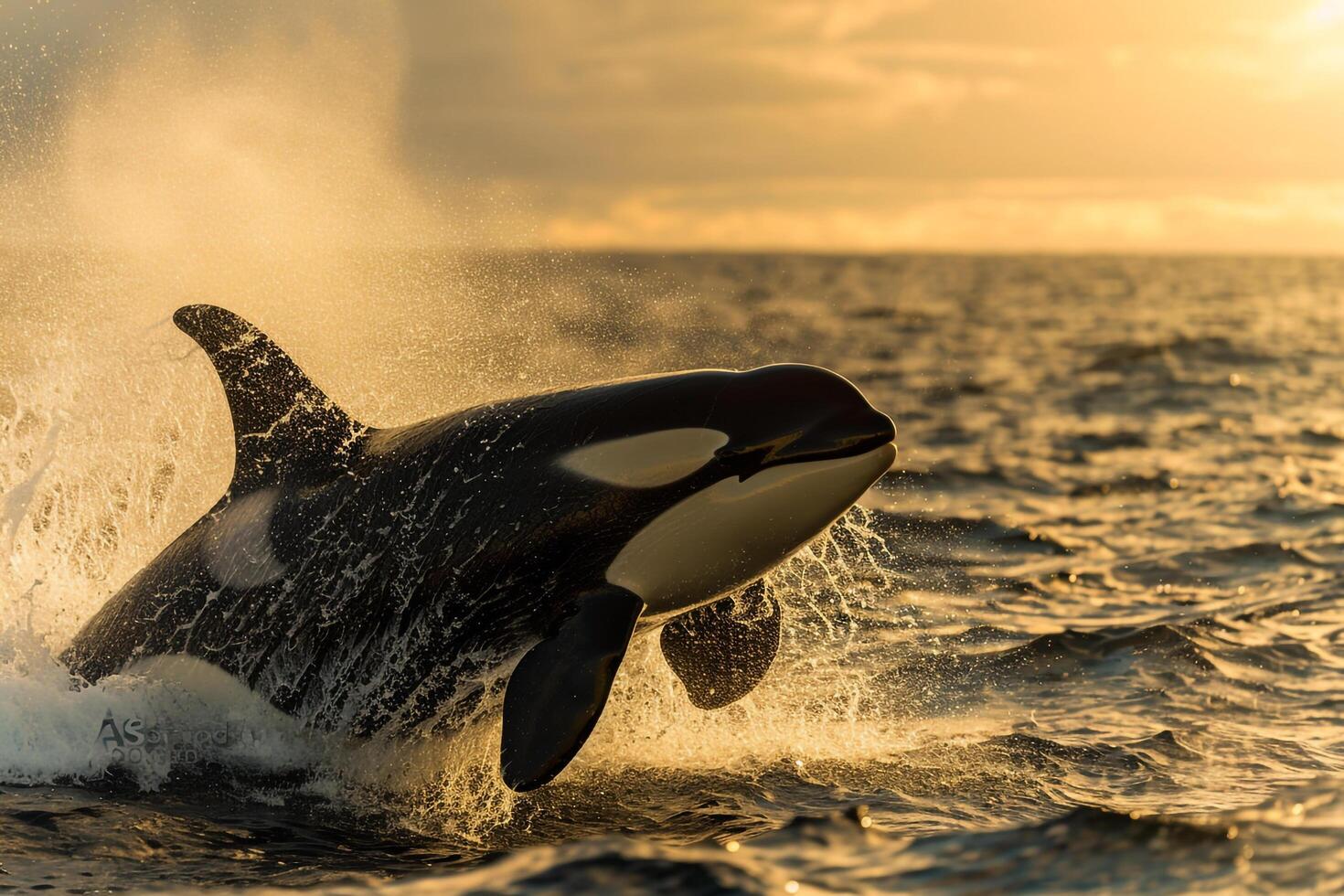 Killer whale breaching in the ocean with background photo