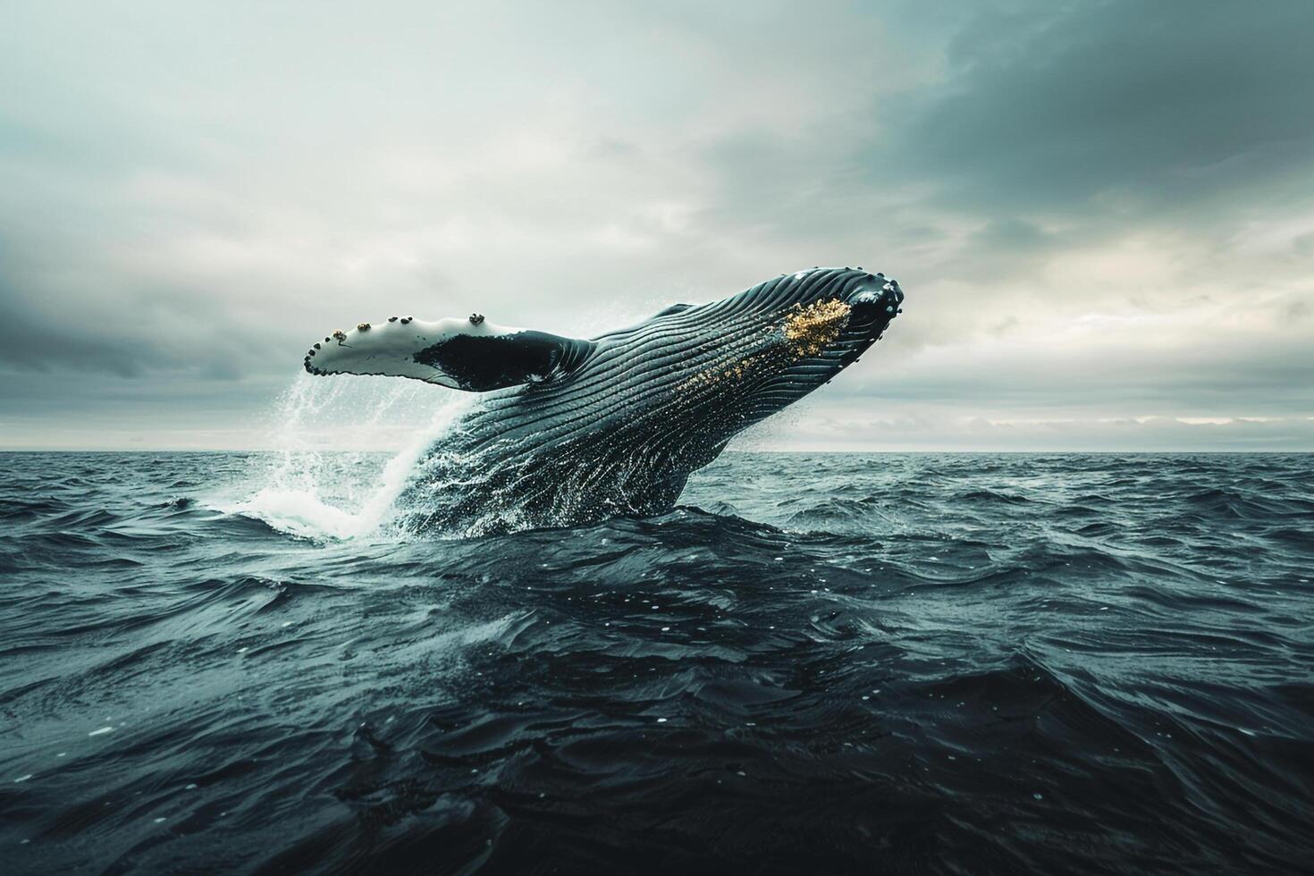 A humpback whale is jumping out of the water with background photo