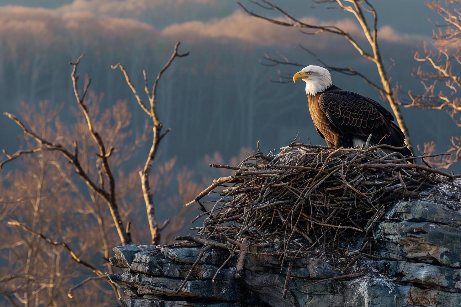 A bald eagle sits on top of a nest in the mountains with background photo
