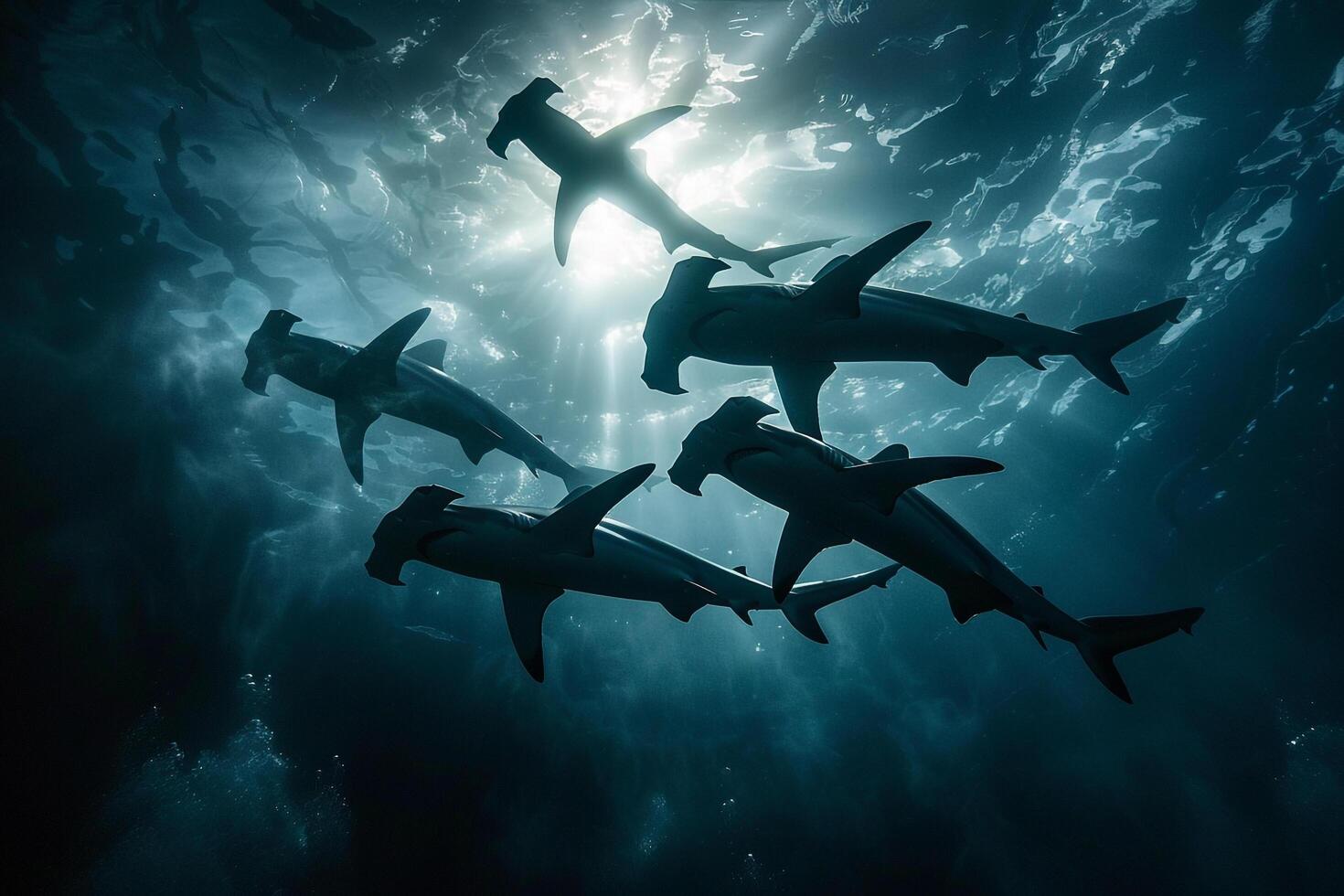 A group of sharks swimming in the ocean with background photo