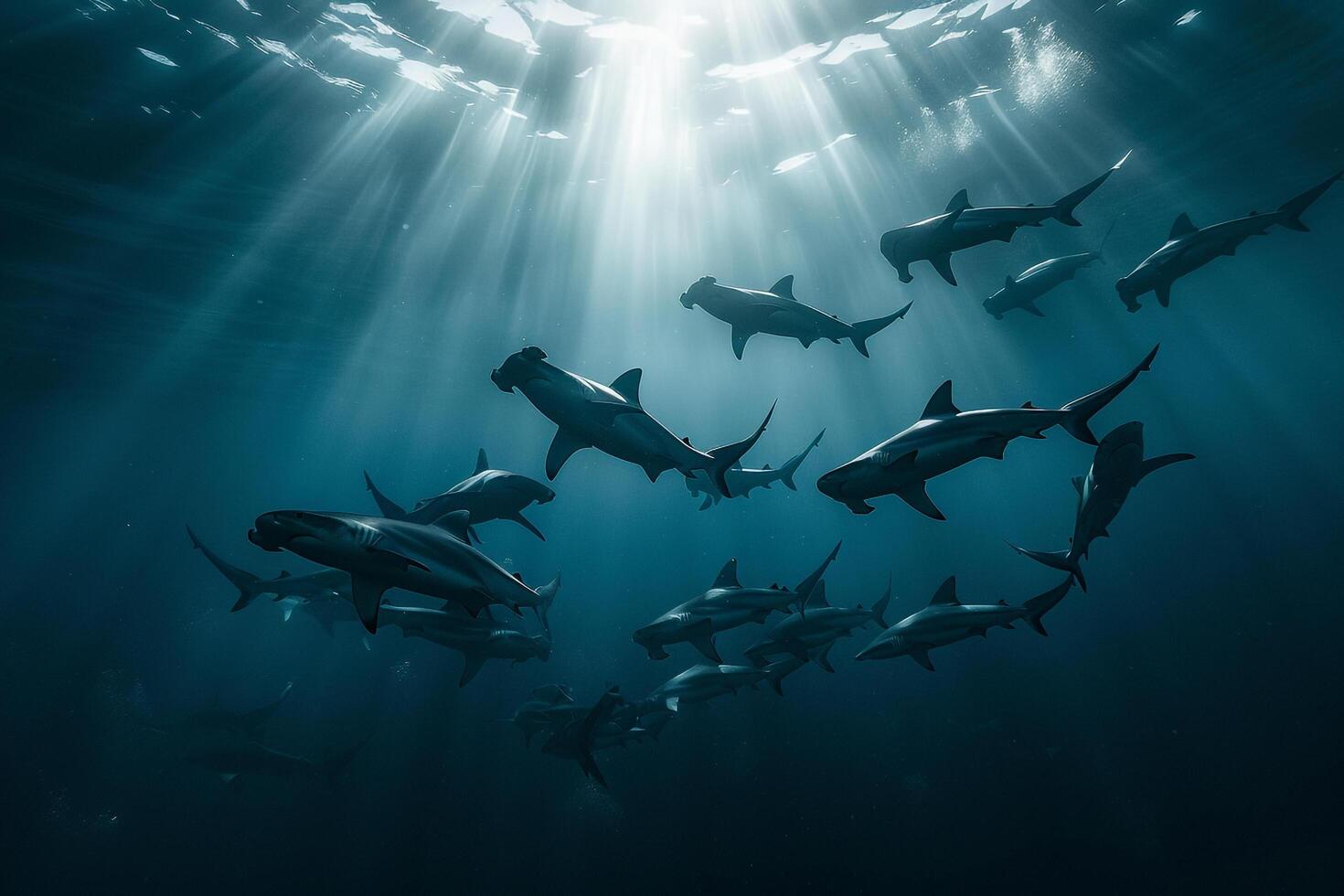 A group of sharks swimming in the ocean with background photo