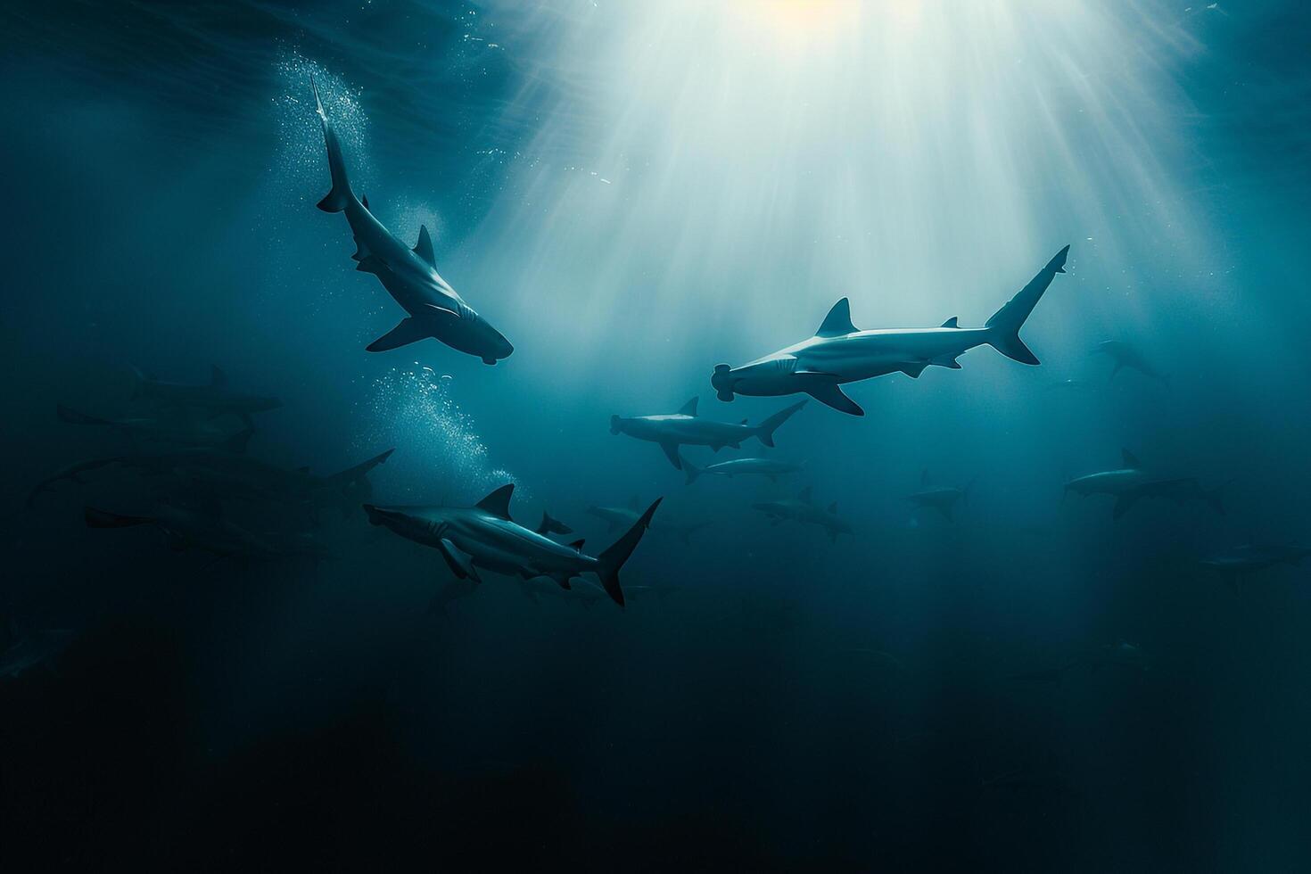 A group of sharks swimming in the ocean with background photo