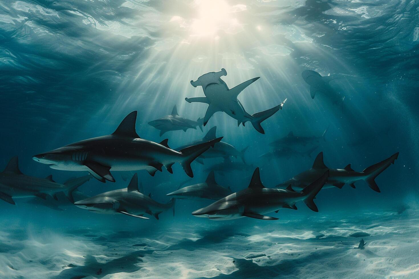 A Group of Sharks Swimming in the Ocean with a Scenic Background photo
