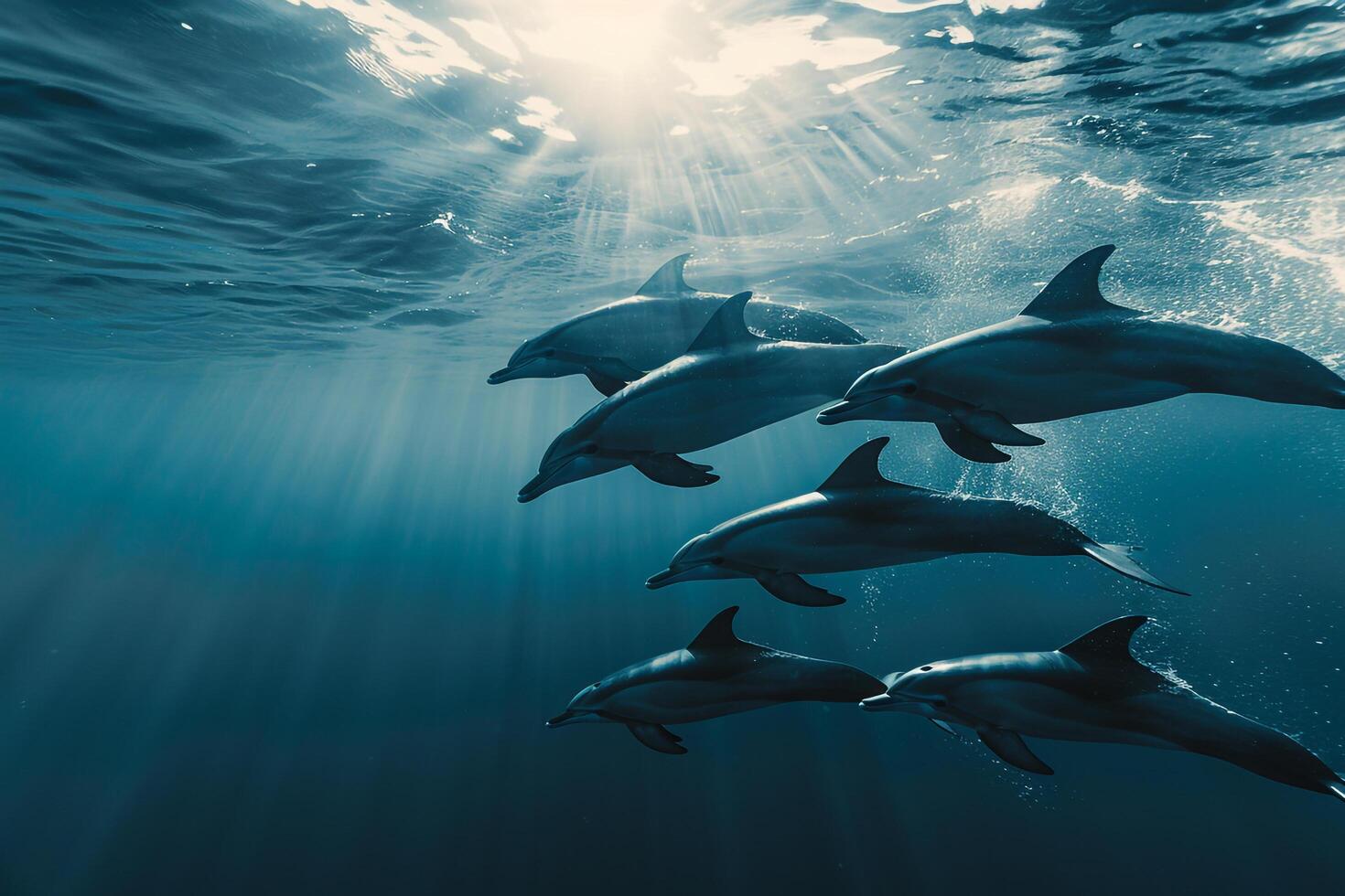 A Group of Dolphins Swimming in the Ocean with a Scenic Background photo