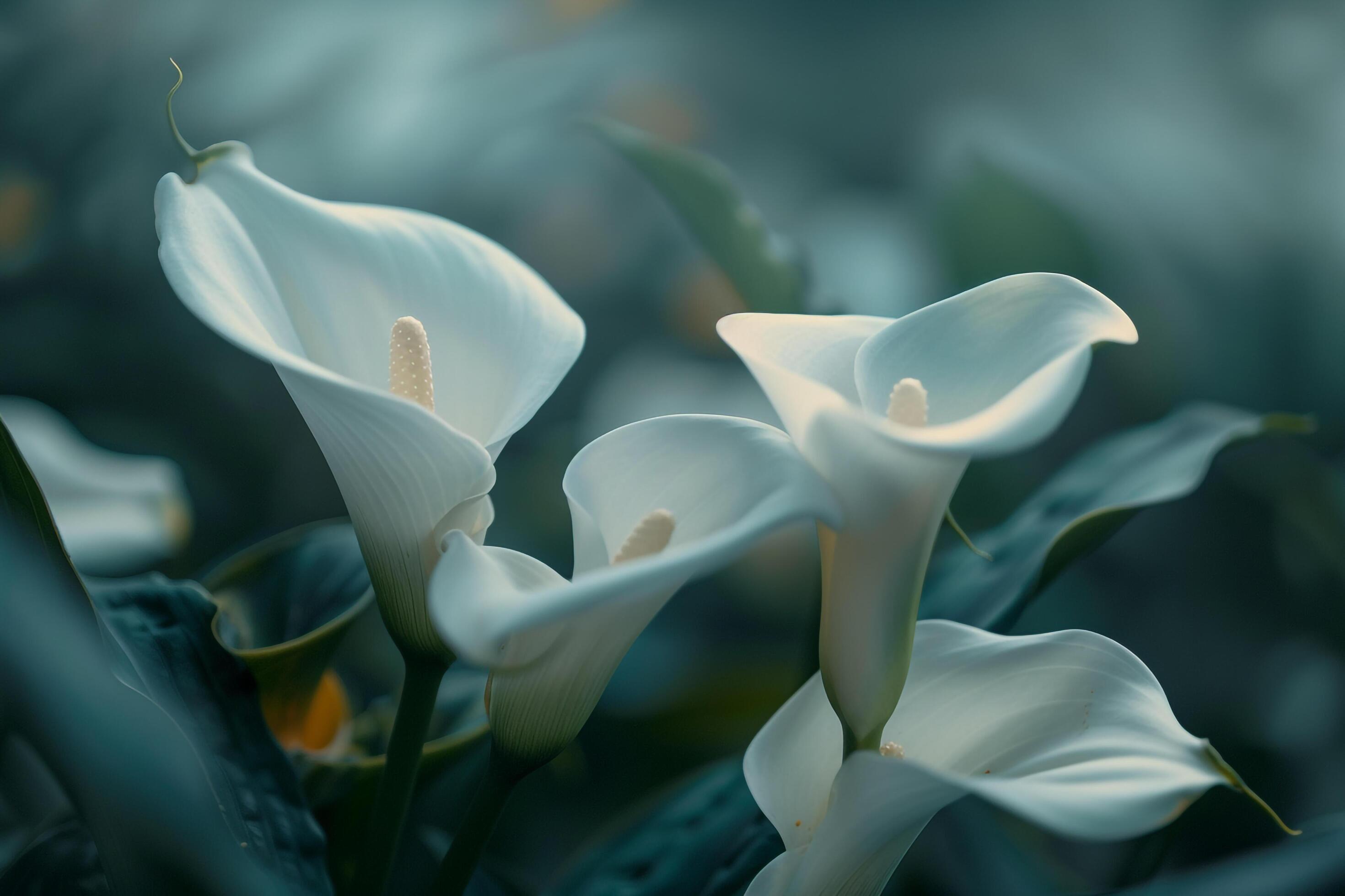 Three White Calla Lilies In A Field With A Scenic Background 48143346 Three White Calla Lilies In A Field With A Scenic Background Free Photo