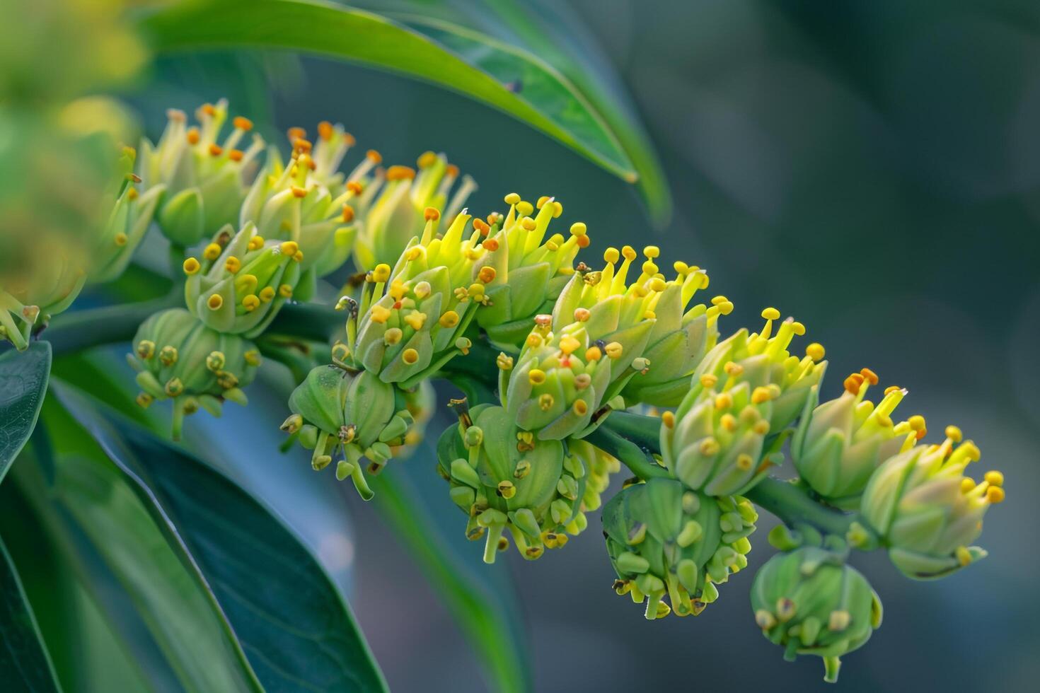 A Flower with Yellow and Green Leaves with a Scenic Background photo