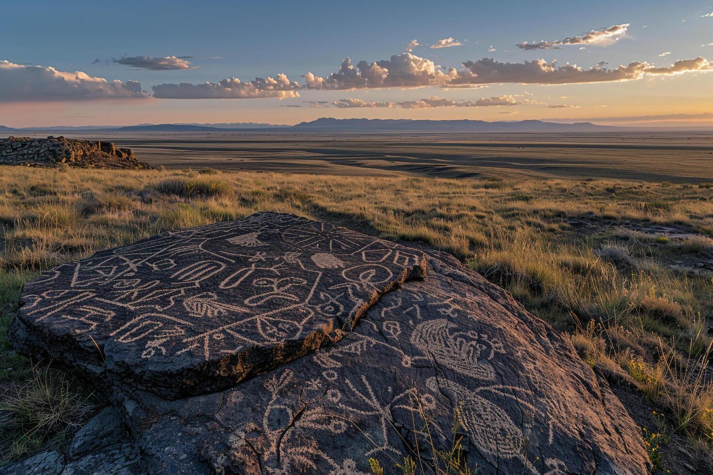 A Rock with a Carved Design on It in the Middle of a Field with a Scenic Background photo