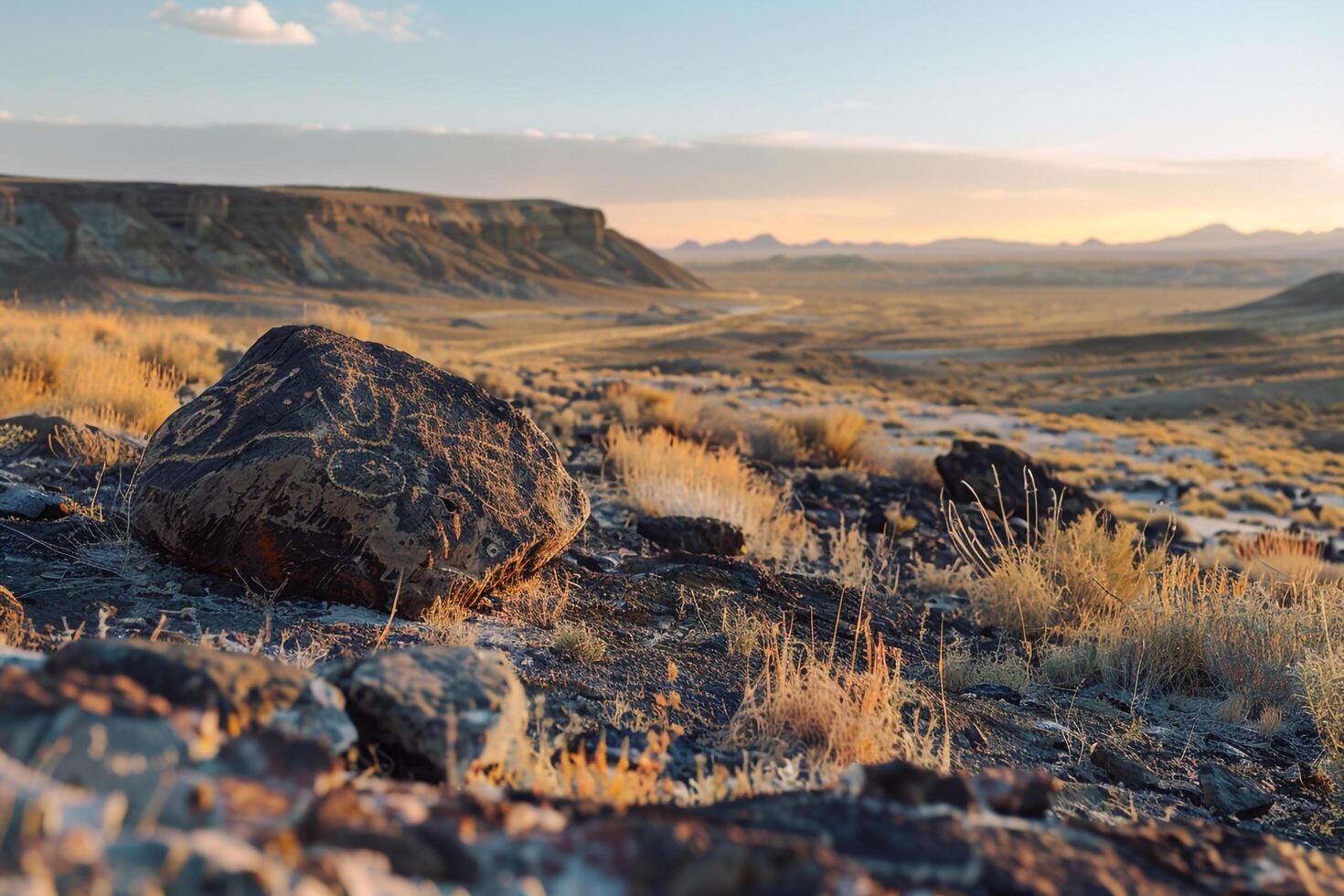 A Large Rock in the Middle of a Field with a Scenic Background photo
