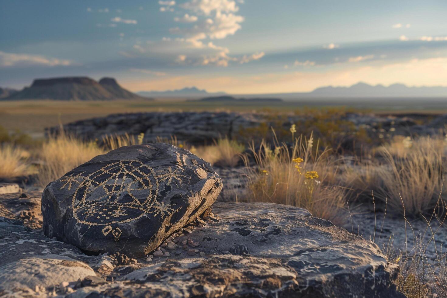 A Rock with a Symbol on It in the Desert with a Scenic Background photo