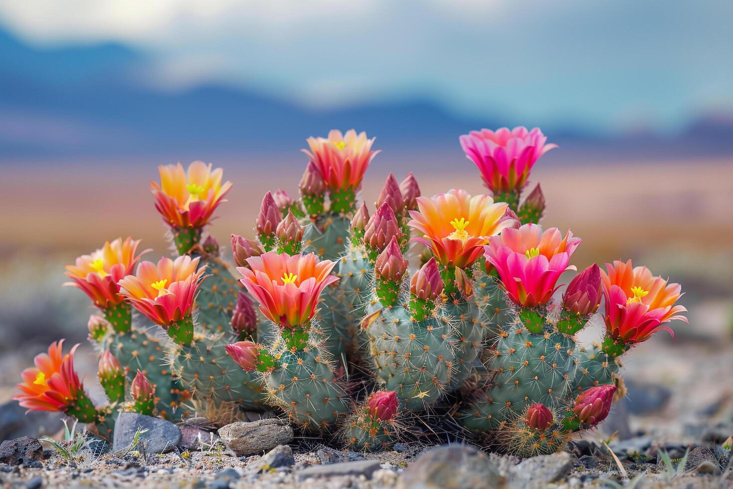 A Cactus Plant with Bright Pink Flowers in the Desert with a Scenic Background photo