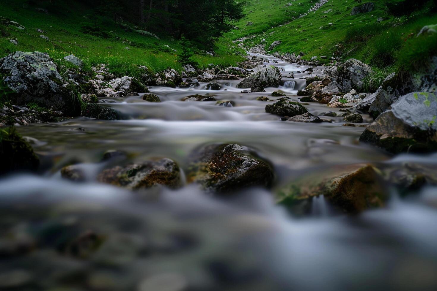 A Stream Flowing Through a Green Valley with a Scenic Background photo