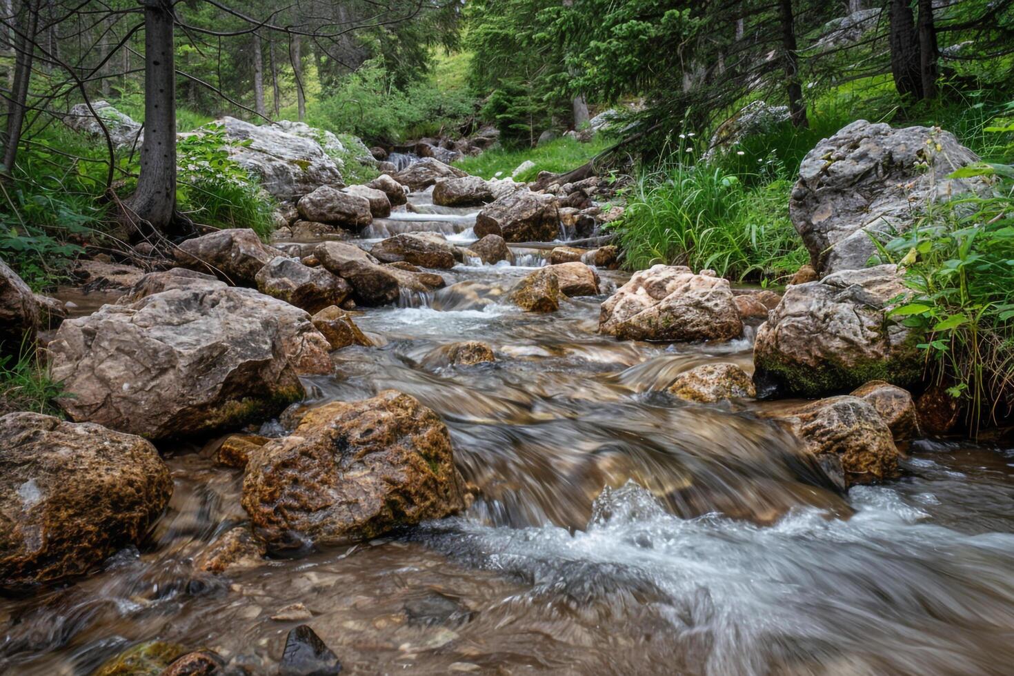 A Stream Running Through a Forest with Rocks and Trees with a Scenic Background photo