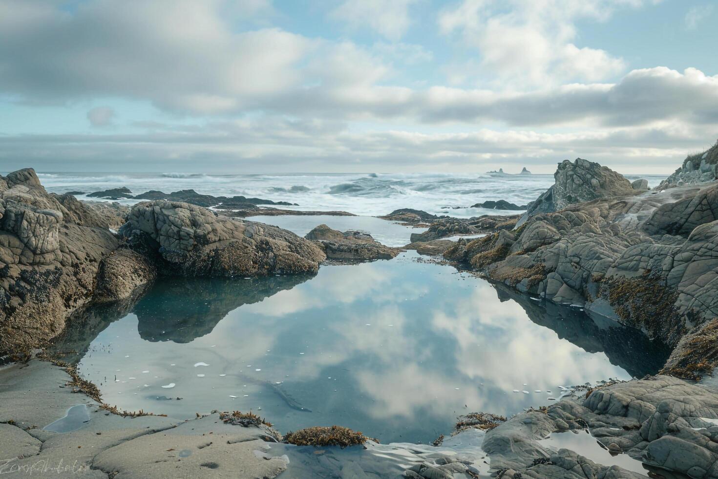 A Small Pool of Water Surrounded by Rocks with a Scenic Background photo