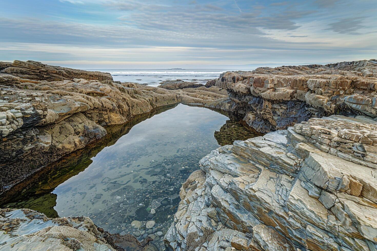 A Small Body of Water Surrounded by Rocks with a Scenic Background photo