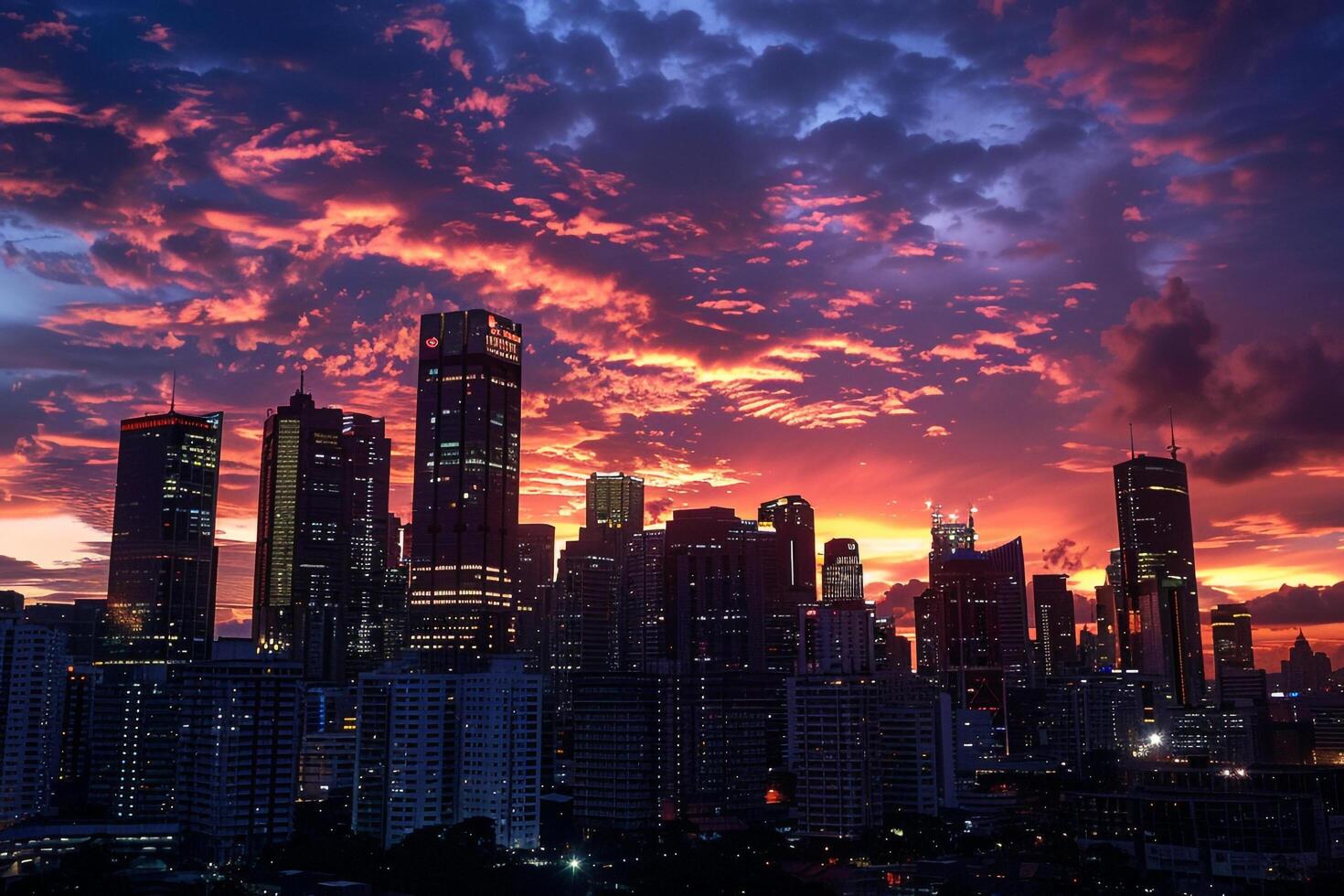 The City Skyline is Lit Up with a Colorful Sunset with a Scenic Background photo