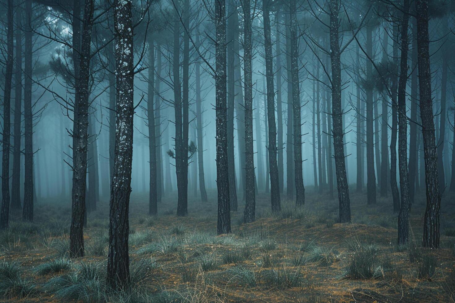 A Forest with Tall Trees and a Bench with a Scenic Background photo