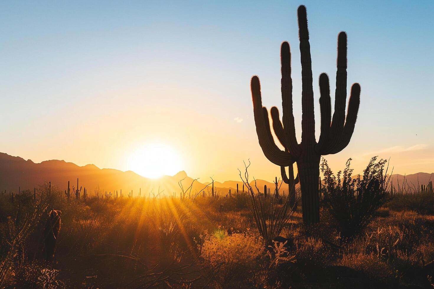 A Cactus Plant in the Desert at Sunset with a Scenic Background photo